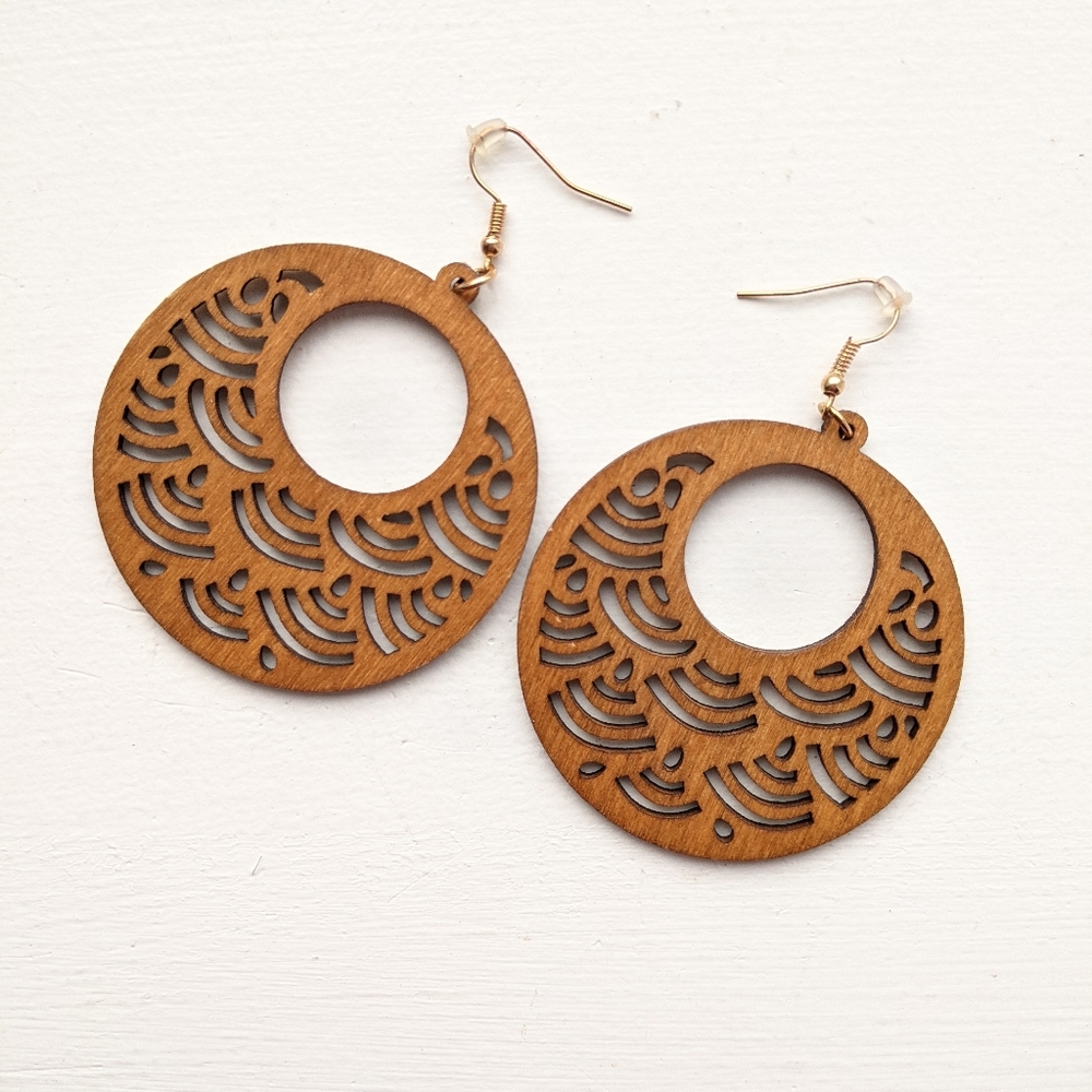 FREE With Purchase - Wood Carved Circle Dangle Earrings boho